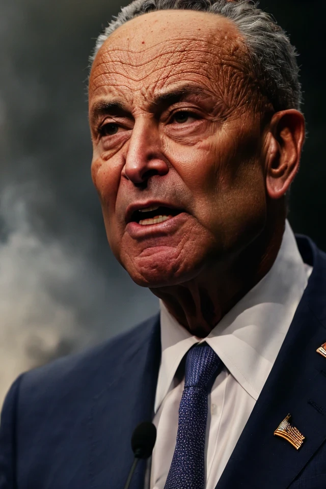 chuck schumer <lora:senate_063_chuck_schumer:0.65> , face closeup, face focus, shirt, formal, suit, collared shirt, white shirt, jacket,
explossion in the background, fire and smoke, movie poster,
best quality, masterpiece, HDR, professional, studio quality, highres,