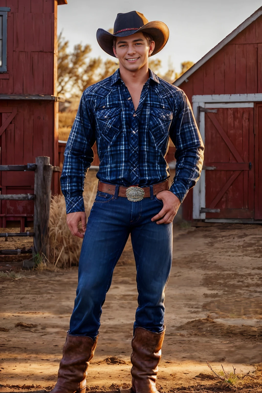 outdoors, golden hour, standing in front of (red barn), CFElijah, smiling, sexycowboy, ((black cowboy hat)), (plaid shirt), denim blue jeans, belt, silver belt buckle, (((full body portrait))), wide angle,  <lora:Clothing - Sexy Cowboy:0.45>  <lora:CFElijah:0.8>