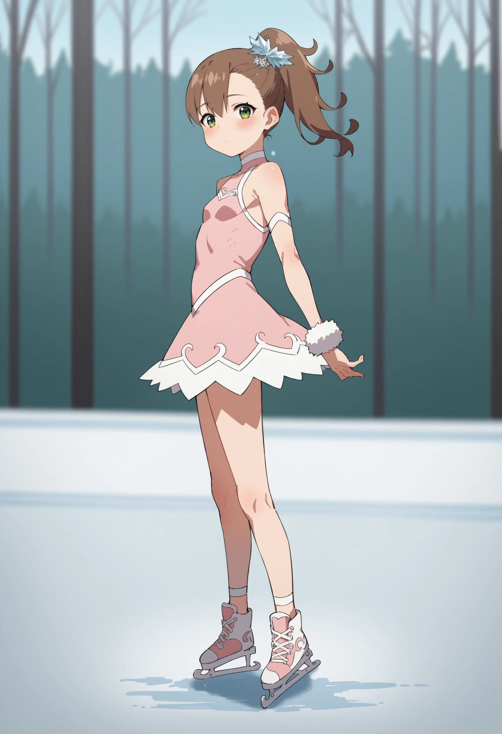 score_9, score_8_up, score_8, source_anime, 1girl, <lora:RinneInabav2:0.85> young girl, small breasts, flat chest, sidetail hair, brown hair, green eyes, blush, ice dress, ice skates, white hair ornament, view from front, looking at viewer, standing, side view, 
winter forest background, blurry background,