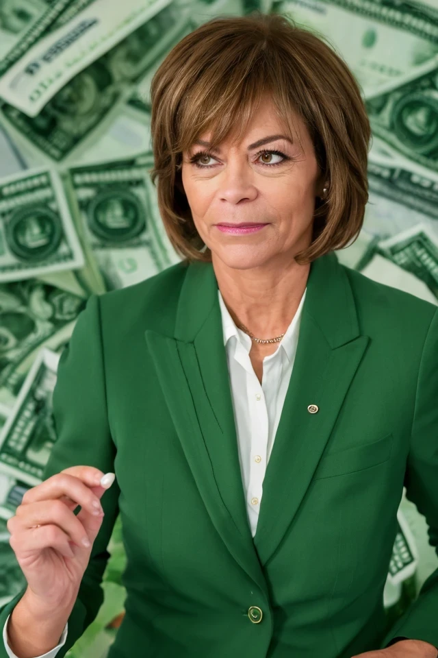 tina smith <lora:senate_046_tina_smith:0.65> , face closeup, face focus, shirt, formal, suit, collared shirt, white shirt, jacket,
green suit, dollars, money, bills, green banknotes flying,
best quality, masterpiece, HDR, professional, studio quality, highres,