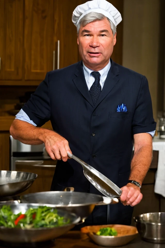 sheldon whitehouse <lora:senate_078_sheldon_whitehouse:0.65> , face closeup, face focus, shirt, formal, suit, collared shirt, white shirt, jacket,
wearing a chef hat and apron, with a kitchen in the background,
best quality, masterpiece, HDR, professional, studio quality, highres,