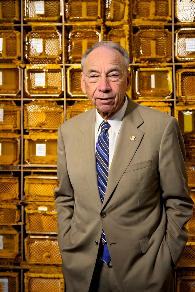 chuck grassley <lora:senate_029_chuck_grassley:0.65> , face closeup, face focus, shirt, formal, suit, collared shirt, white shirt, jacket,
Wearing a beekeeper suit, standing in an apiary with bee hives around, holding a giant honeycomb, "Honey Pot Funds",
best quality, masterpiece, HDR, professional, studio quality, highres,