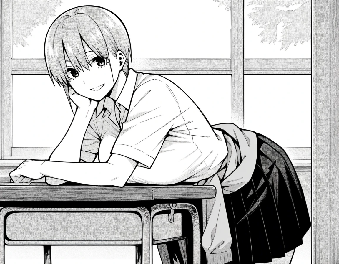 score_9, score_8_up, score_7_up, source_anime,
ichikanakano, <lora:ichika-nakano-manga-ponyxl-lora-nochekaiser:1>,
ichika nakano, short hair, bangs, hair between eyes, monochrome, greyscale,
skirt, shirt, school uniform, white shirt, short sleeves, pleated skirt, shoes, socks, collared shirt, black footwear, sweater, white socks, loafers, clothes around waist,
indoors, classroom, bent over, smile,
looking at viewer, straight-on, solo, cowboy shot, mature female, thighs,