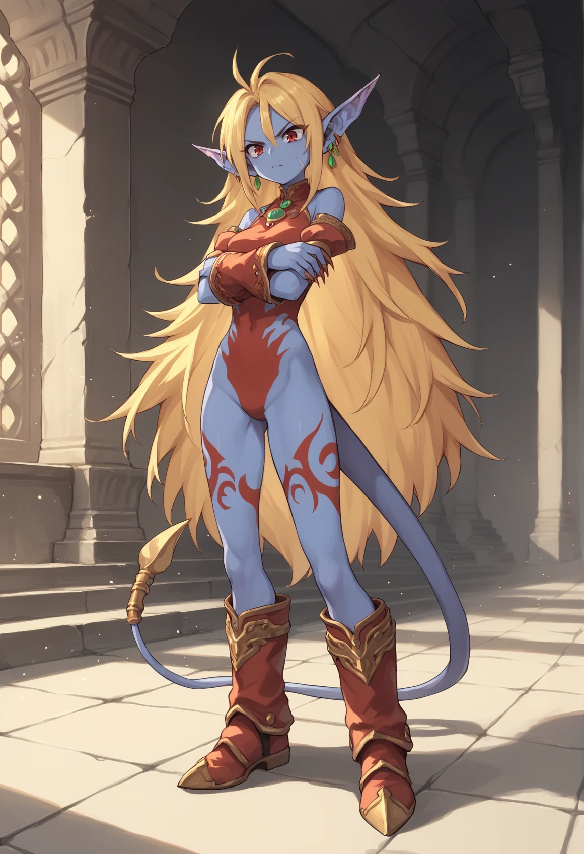 1girl, monster girl, long hair, blonde hair, red eyes, blue skin, colored skin, pointy ears, animal ears, sharp fingernails, tail, body markings, bodypaint, tattoo, earrings, jewelry, detached sleeves, serious, crossed arms, boots, full body, cowboy shot, indoors, temple <lora:katt_xl:1>, score_9, score_8_up, score_7_up, score_6_up, score_5_up, score_4_up, BREAK source_anime, masterpiece