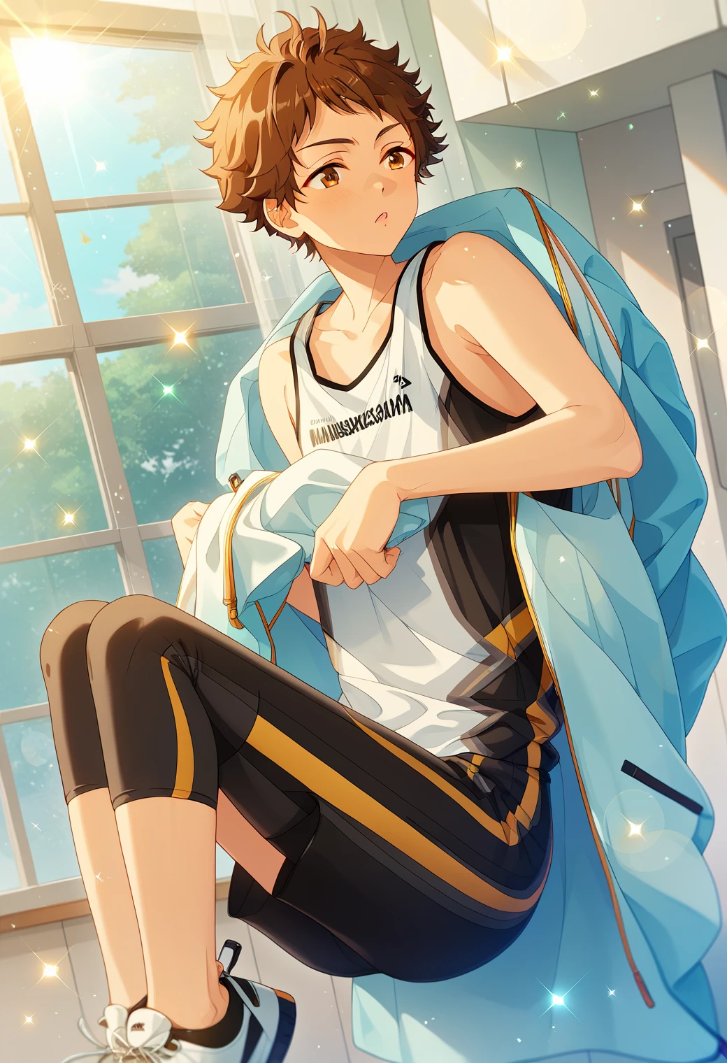 score_9, score_8_up, score_7_up, score_6_up, score_5_up, score_4_up, best quality, amazing quality, best aesthetic, absurdres, solo, mitsuru tenma, brown hair, brown eyes, sportswear, black shorts, sleeveless white and black shirt, sneakers<lora:EMS-356239-EMS:1.000000>