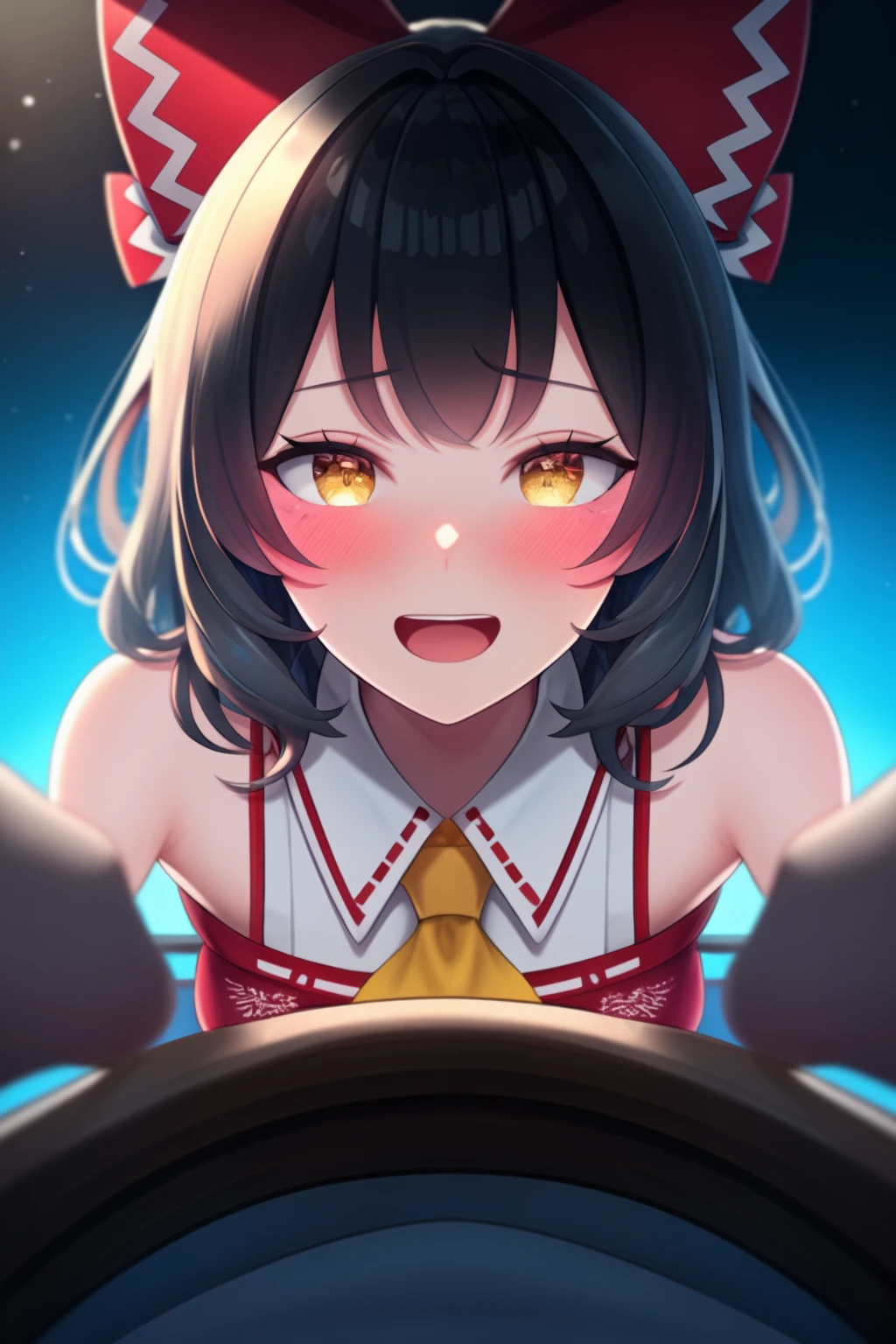 extremely aesthetic, best quality, newest, 1girl, solo, looking at viewer, blush, open mouth, light smile, hakurei reimu, bare shoulders, yellow ascot, pov,