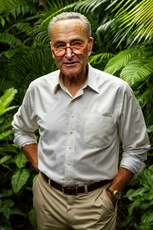 chuck schumer <lora:senate_063_chuck_schumer:0.65> , face closeup, face focus, shirt, formal, suit, collared shirt, white shirt, jacket,
Wearing a safari outfit with pith helmet, standing in a jungle setting,
best quality, masterpiece, HDR, professional, studio quality, highres,