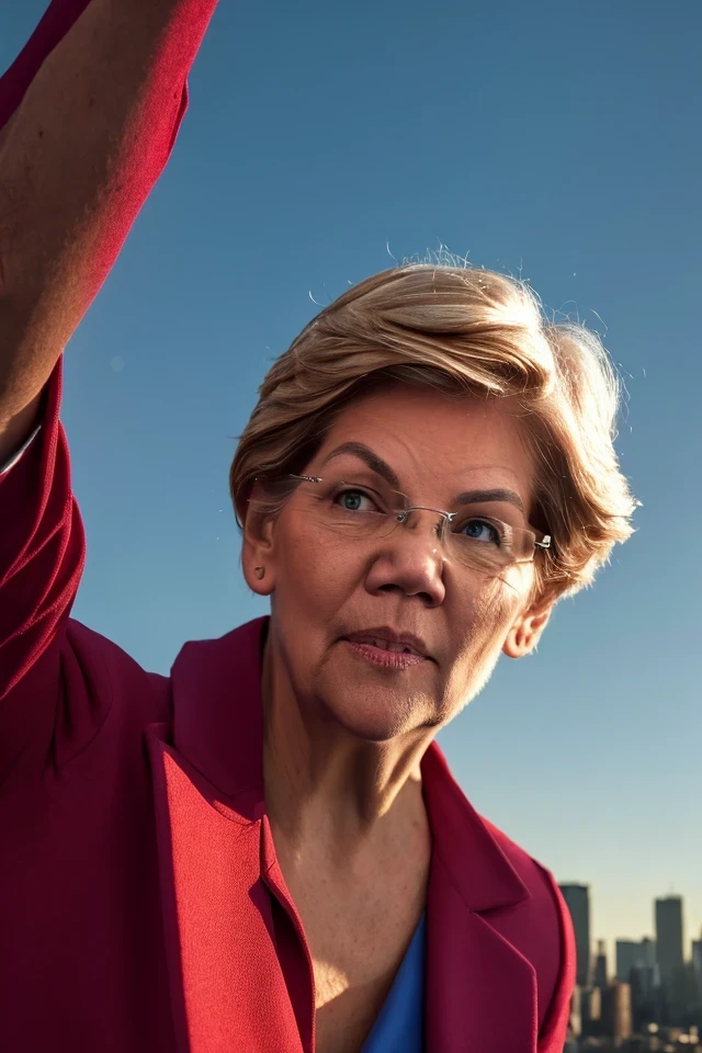 elizabeth warren <lora:senate_041_elizabeth_warren:0.65> face closeup, face focus, shirt, formal, suit, collared shirt, white shirt, jacket,
Wearing a superhero costume with a giant "S" on the chest, flying above a city skyline with a cape flowing behind them,
best quality, masterpiece, HDR, professional, studio quality, highres,