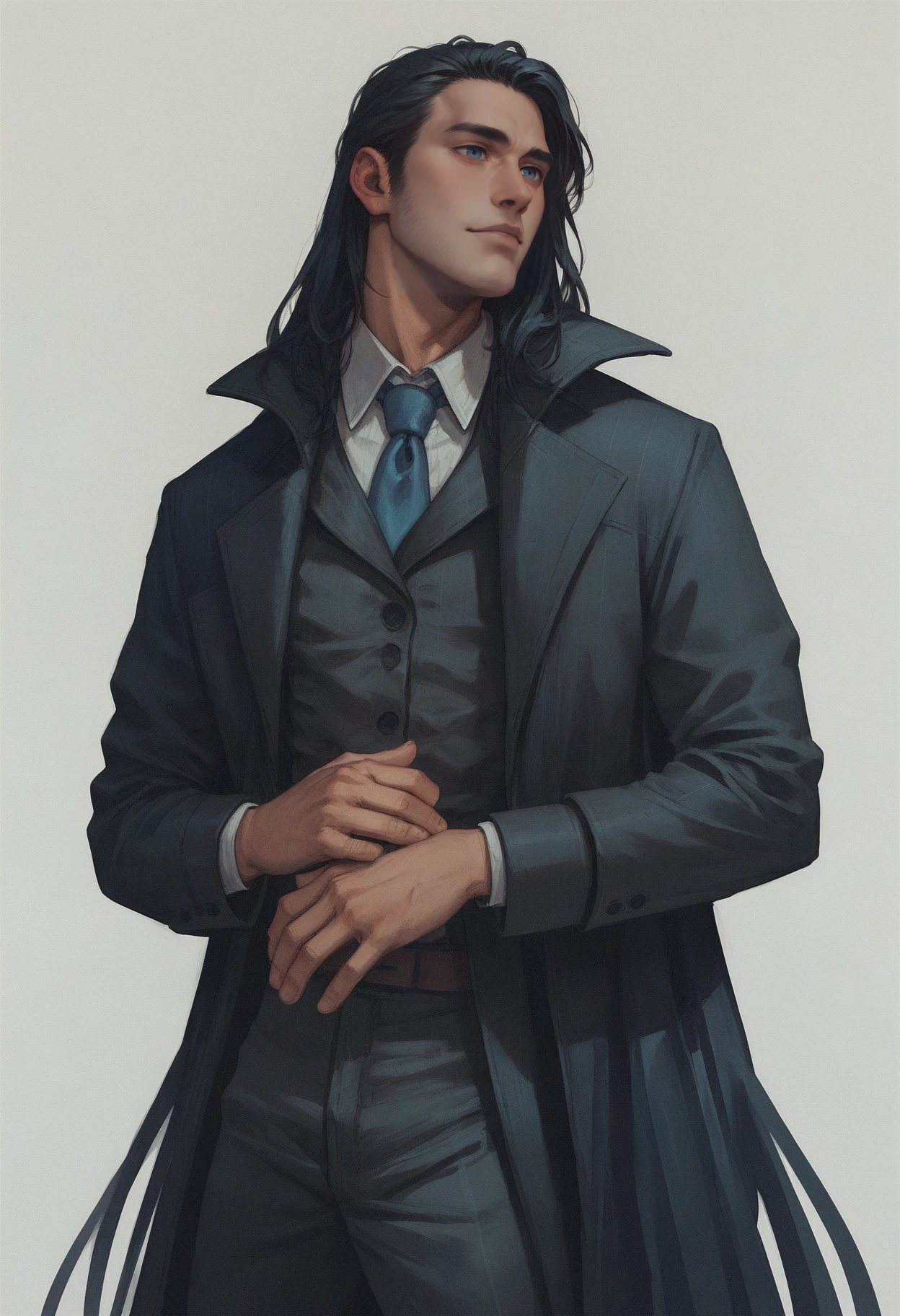 (score_9_up, score_8_up:1.2), score_7_up, waxillium, (tasselled coat:1), 1boy, (long black hair), blue eyes, necktie, <lora:Waxillium_Ladrian_-_Mistborn_Era_2_Pony:0.6>