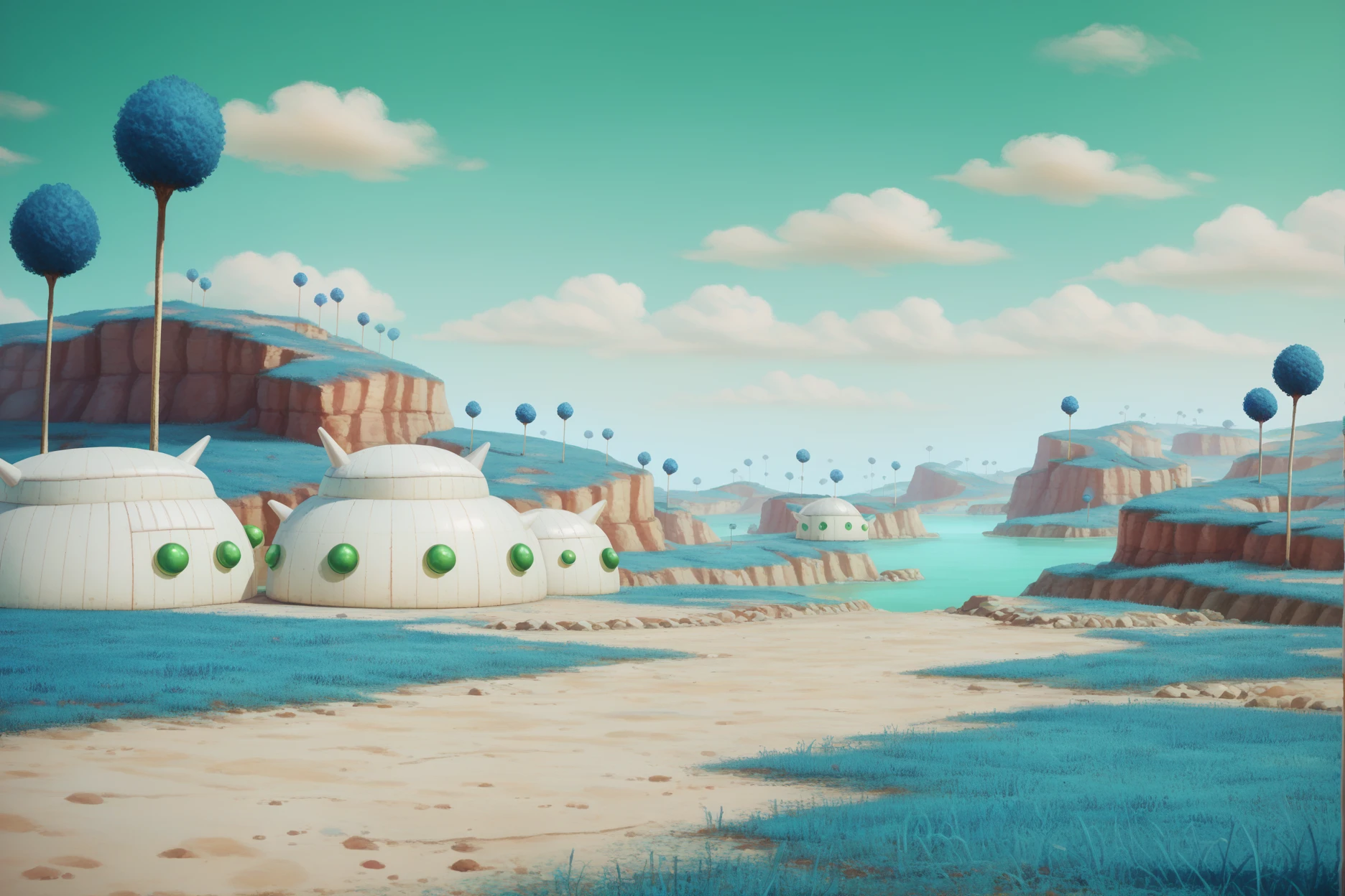 score_9, score_8_up, score_7_up, score_6_up,namek,scenery,realistic, village,building,blue grass, tree,green water,table,crops,hill, plateau, green sky, <lora:NamekPony:1.1>