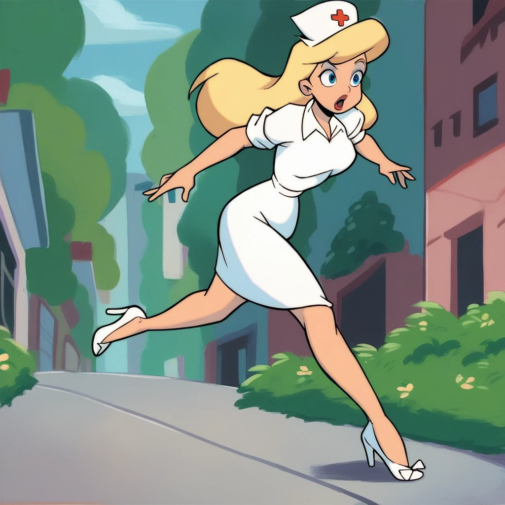 score_9, score_8_up, score_7_up, score_6_up, score_5_up, score_4_up, (Source cartoon), (rating safe),<lora:HelloNurseXL:1>, hello nurse, 1girl, solo, long hair, open mouth, blue eyes, hat, dress, white dress, high heels, white footwear, nurse cap, nurse, blonde hair, running, surprised expression,