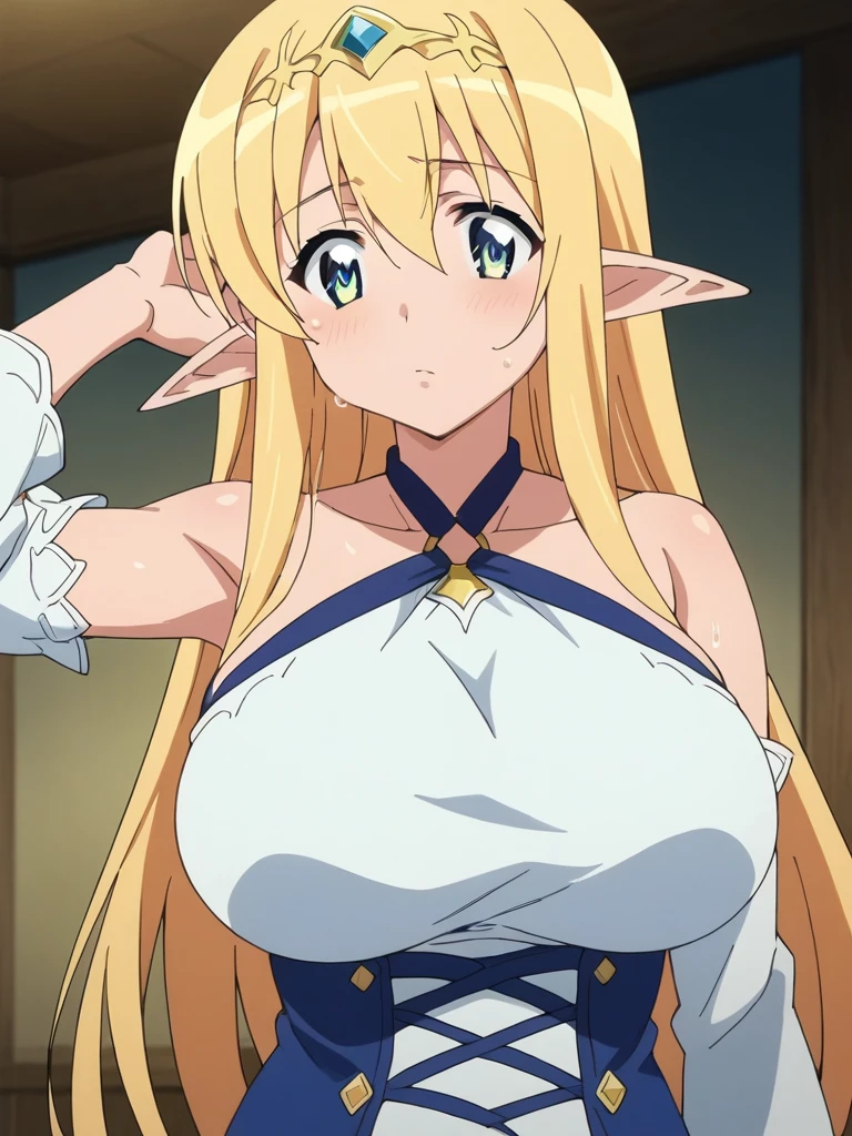 naked apron, blue eyes,Elf, Long hair, Large Breasts,Pointed ears, Blonde Hair,Side Breast, large breasts, Smile, rest looking at viewer, whole body, Cowboy shooting, rest indoors, rest (masterpiece:1.2), best quality, high resolution, Unity 8K wallpaper, (illustration:0.8), (Beautiful and delicate eyes:1.6), Extremely detailed face, Perfect lighting, Extremely detailed CG, (Perfect hands, Perfect anatomical structure), Smooth skin