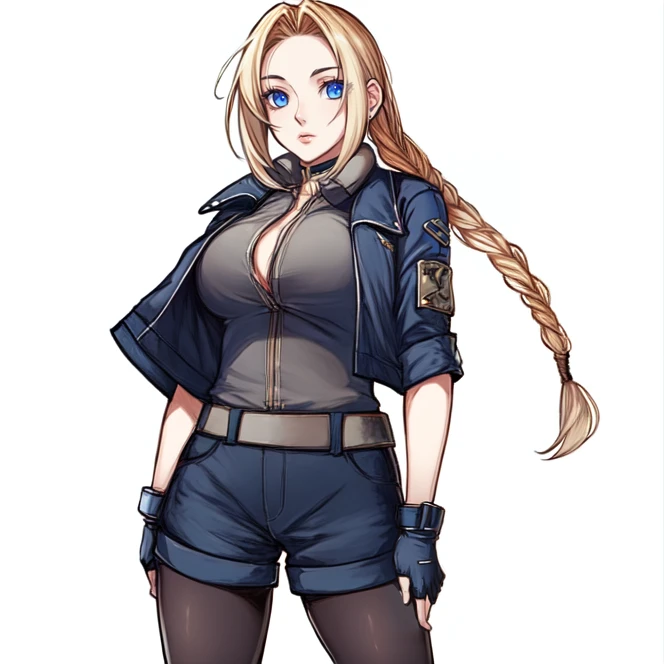 cowboy shot, solo, <lora:mirageKoas:0.7>, mirage_koas, blonde hair, long hair, braid, single braid, braided ponytail, parted bangs, blue eyes, jacket, open jacket, shirt, high collar, belt, fingerless gloves, wristbands, shorts, pantyhose, simple background, standing, looking at viewer, highres, Digital art, trending on artstation, best quality, insanely detailed, masterpiece, stunning environment, wide-angle,