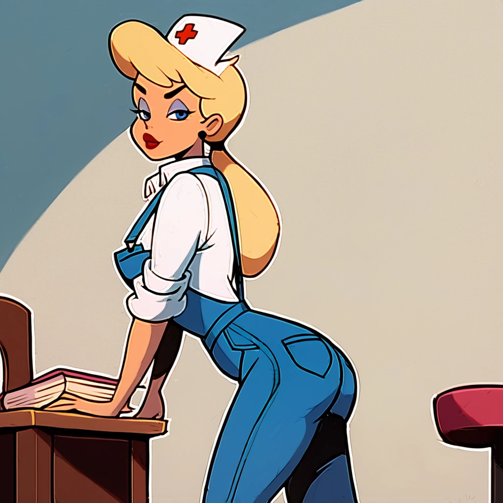 score_9, score_8_up, score_7_up, score_6_up, score_5_up, score_4_up, (Source cartoon), (rating safe),<lora:HelloNurseXL:1>, hello nurse, 1girl, solo, long hair, blue eyes, hat, holding, ponytail, ass, book, makeup, chair, lipstick, sleeves rolled up, overalls, stool, sleeves pushed up, blonde hair