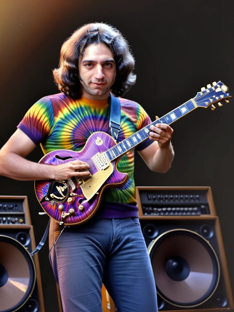 <lora:Wolvie_JerryGarcia_XLv1.0_r1:1> j3rrygarc1a, young_jerry, musician, psychedelic colors, playing guitar, masterpiece, best quality, high resolution, perfect composition, ultra sharp, perfect shadows, highly detailed, photorealistic, high realism, ultra highly detailed, 32k, fantastic realism, complex background, dynamic lighting, intricate details, textured