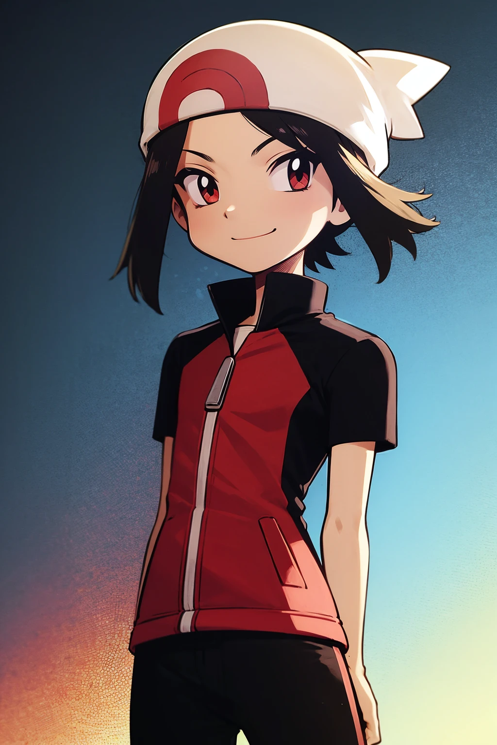 masterpiece, best quality,
1boy,brendan \(pokemon\), white beanie, black hair, jacket, popped collar, red eyes, shirt, short hair, short sleeves,
arms behind back, smile, standing, looking at viewer, solo  <lora:PokemonAdventuresStyleV2:1>