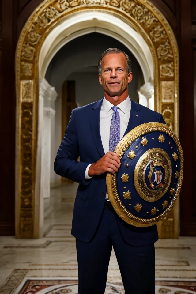 john thune <lora:senate_081_john_thune:0.65> , face closeup, face focus, shirt, formal, suit, collared shirt, white shirt, jacket,
Wearing gladiator armor, standing in a Roman-style coliseum, holding a sword and shield with the Senate emblem on it,
best quality, masterpiece, HDR, professional, studio quality, highres,
