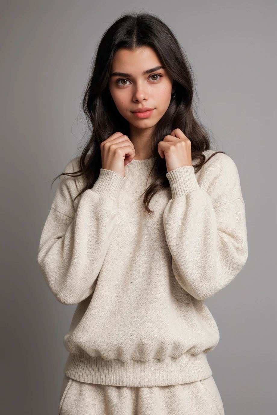photo of a 0ER0_Darla_Claire woman, wearing a sweater, sweatpants, color background, RAW photo, 8k UHD, soft lighting, high quality, film grain, Fujifilm XT3, 16mm, color graded portra 400 film, remarkable color, remarkable detailed pupils