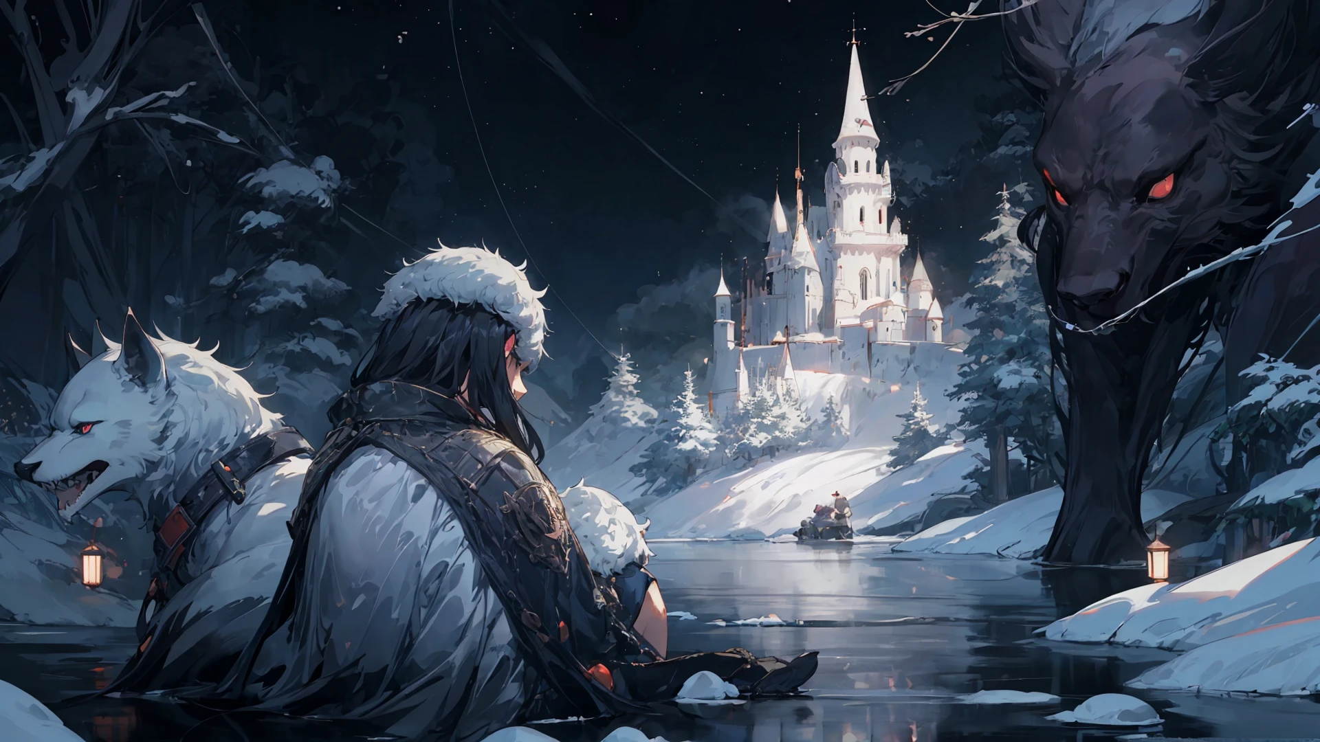 anime, (Mythical Nightscape), medieval, night:time, winter, snow covered trees, High Fantasy, Anime Worlds, water  <lora:Zoro:0.8>