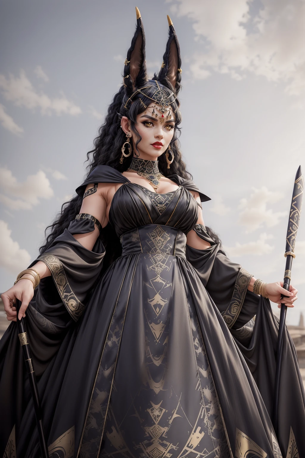 (macro shot:1.1), (battoujutsu_stance:1.1), (upper body photo:1.3), adult woman, red lipstick, hud_anubis_drss, long dress, black dress with gold detail, (black animal ears), earrings, bracelets, necklace, gold headdress, long sleeves, puffy sleeves, high heels, staff, <lora:Anubis_Dresssd15-000008:0.7>, outdoors, night sky, looking at viewer
