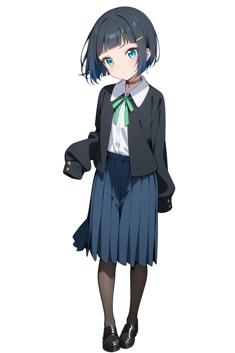 shinonome akira,1girl, solo, blue eyes, sleeves past wrists, skirt, simple background, shirt, white background, jacket, blue skirt, closed mouth, choker, looking at viewer, white shirt, hair ornament, open clothes, black jacket, bangs, short hair, hairclip, ribbon, long sleeves, pleated skirt, open jacket, neck ribbon, green ribbon, collared shirt, black hair, blunt bangs, blue hair,shoes, pantyhose,full body,
,masterpiece, best quality,
<lora:shinonome akira A31 e1:0.75>