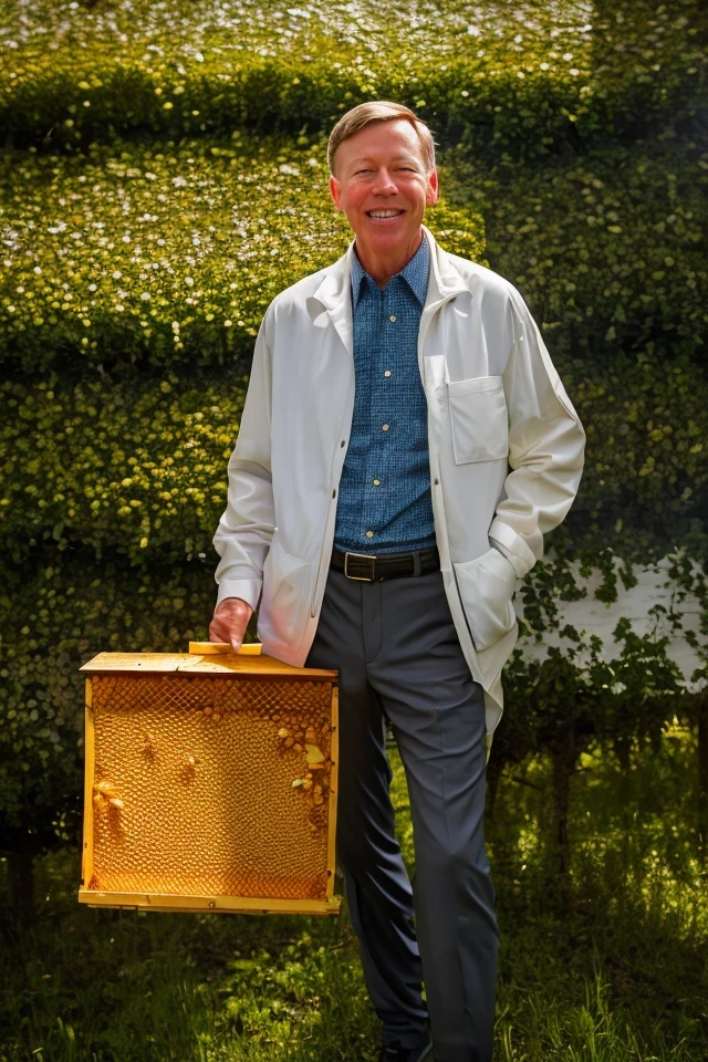 john hickenlooper <lora:senate_012_john_hickenlooper:0.65> , face closeup, face focus, shirt, formal, suit, collared shirt, white shirt, jacket,
Wearing a beekeeper suit, standing in an apiary with bee hives around, holding a giant honeycomb, "Honey Pot Funds",
best quality, masterpiece, HDR, professional, studio quality, highres,