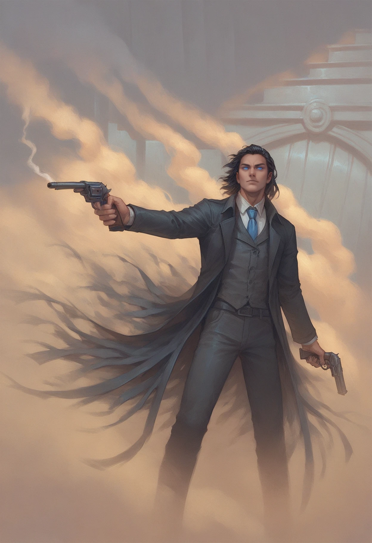 score_9_up, score_8_up, score_7_up, waxillium, (tasselled coat:1.2), 1boy, long black hair, blue eyes, gun, necktie, white smoke, city, <lora:Waxillium_Ladrian_-_Mistborn_Era_2_Pony:0.6>