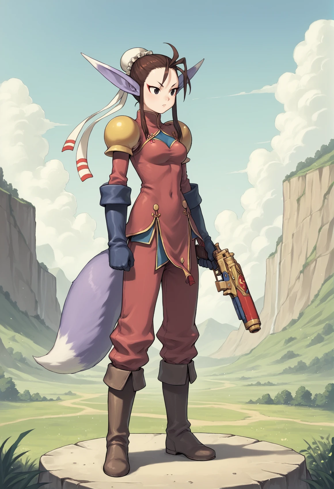 1girl, brown hair, black eyes, sidelocks, single hair bun, bun cover, eyeliner, pointy ears, animal ears, fox tail, chinese clothes, shoulder pads, pants, elbow gloves, boots, holding gun, flintlock. outdoors, valley, full body, contrapposto, medium breasts, <lora:Ursula_Breath_of_Fire_IV_XL:1>, score_9, score_8_up, score_7_up, score_6_up, score_5_up, score_4_up, BREAK source_anime, masterpiece