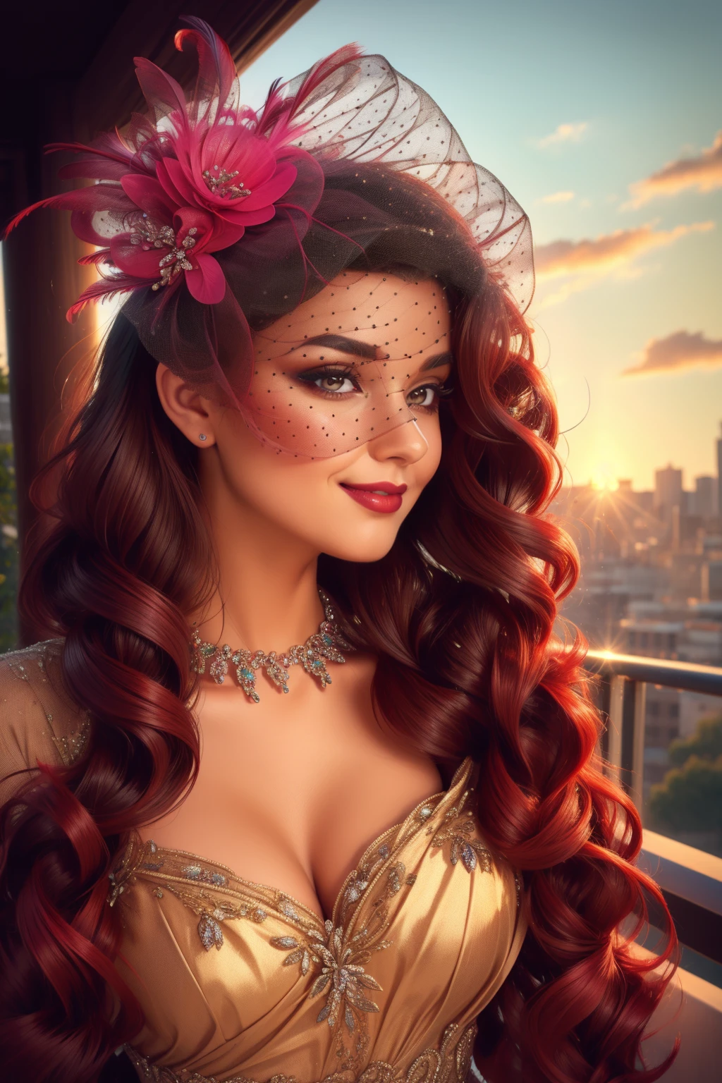 cinematic film still  beautiful adult woman, <lora:FA-44:0.75>, fascinator,  mesh veil over eyes,  Ishtar \(fate\), Long dark hair, goddess attire in ((red and gold)), Mesopotamian fashion eyeliner, eyeshadow, makeup, ((lip liner)) (red hair) __hairstyle__ portrait, cleavage, high quality, best quality, high detail, 8k resolution,  hair feather Parisian Rooftop, Sunrise, Cityscape View,  smile . shallow depth of field, vignette, highly detailed, high budget, bokeh, cinemascope, moody, epic, gorgeous, film grain, grainy