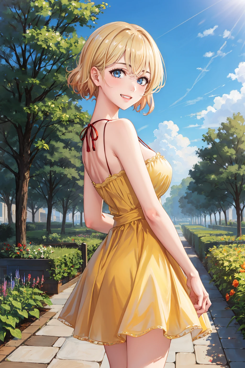 masterpiece, best quality, 1girl, <lora:nanamimami-nvwls-v1-000009:0.9> nanamimami, large breasts, yellow sundress, from behind, looking at looking at viewer, grin, garden, blue sky