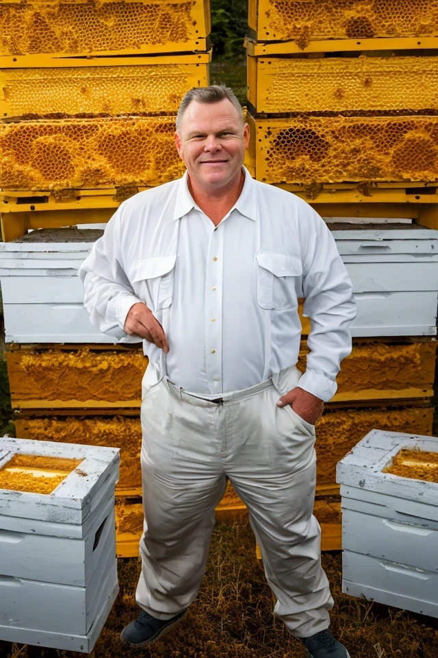 jon tester <lora:senate_051_jon_tester:0.65> , face closeup, face focus, shirt, formal, suit, collared shirt, white shirt, jacket,
Wearing a beekeeper suit, standing in an apiary with bee hives around, holding a giant honeycomb, "Honey Pot Funds",
best quality, masterpiece, HDR, professional, studio quality, highres,