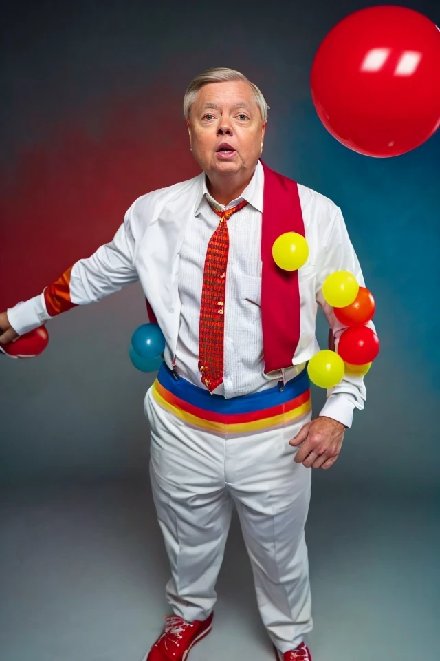 lindsey graham <lora:senate_079_lindsey_graham:0.65> , face closeup, face focus, shirt, formal, suit, collared shirt, white shirt, jacket,
Dressed in full clown regalia, with a red nose, oversized shoes, and rainbow suspenders, juggling several large balls,
best quality, masterpiece, HDR, professional, studio quality, highres,