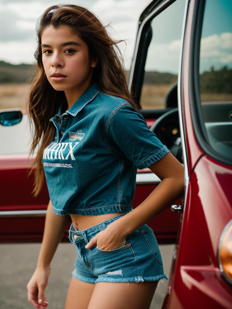 Realistic photo of a beautiful ch14r4b woman,1girl, solo, long hair, brown hair, shirt, black hair, shorts, denim, ground vehicle, motor vehicle, denim shorts, realistic, car, soft lighting, professional Photography, Photorealistic, detailed, RAW, analog, sharp focus, 8k, HD, DSLR, high quality, Fujifilm XT3, film grain, award winning, masterpiece<lora:ch14r4b:1.0>