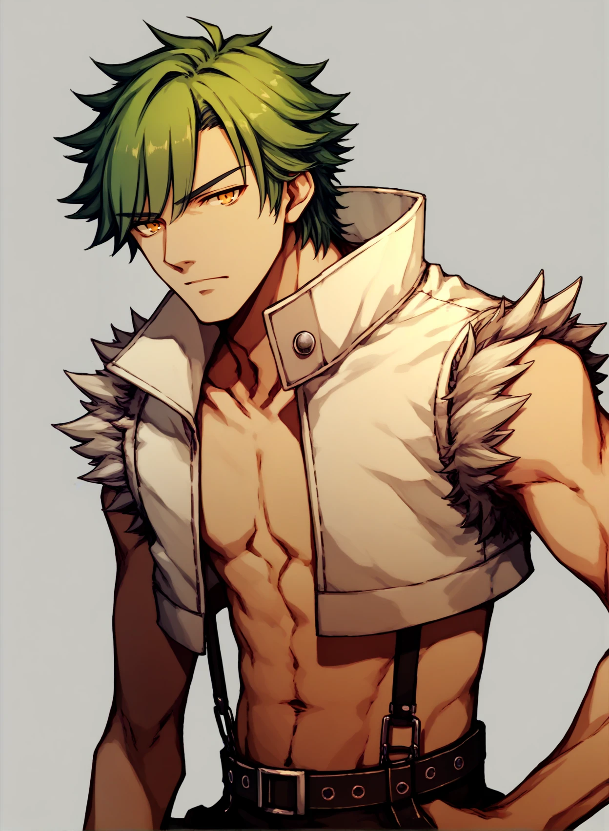 score_9, score_8_up, score_7_up, source_anime, 1boy, solo, whitesmith-ro, open clothes, fur trimmed shirt, belt, suspenders, sleeveless, green hair, yellow eyes, <lora:whitesmith-pdxl-dora:1>