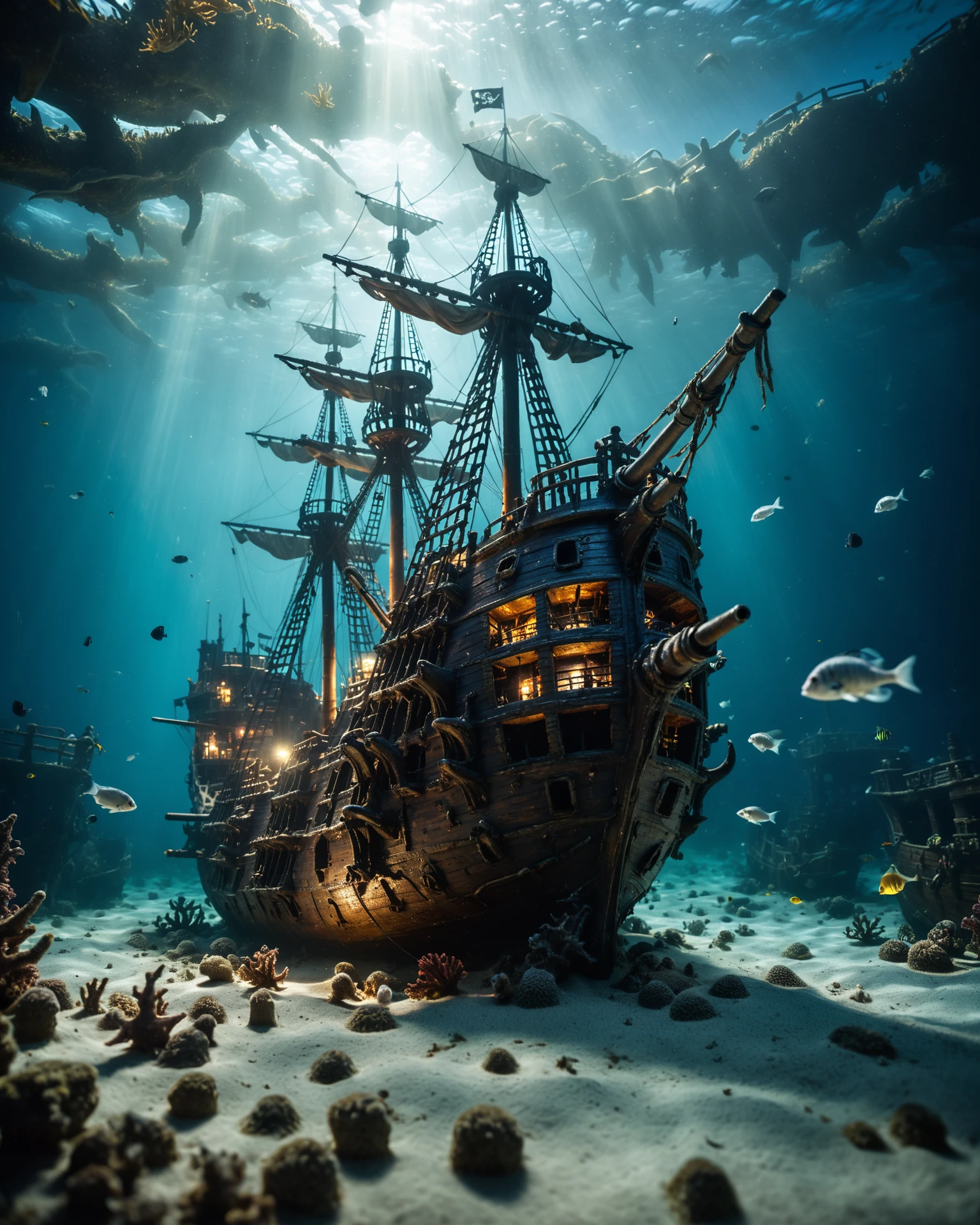 A deep underwater scene with a sunken pirate ship illuminated lit from within by a ghostly glow, cannons, surrounded by ghostly sea creatures in the dark waters, (tilt shift lens effect:1.2), light shafts, cinematic color grading, cinematic, epic, depth of field, bokeh, highly detailed, light leak, darkness, haunted, ghostly, dark and moody lighting