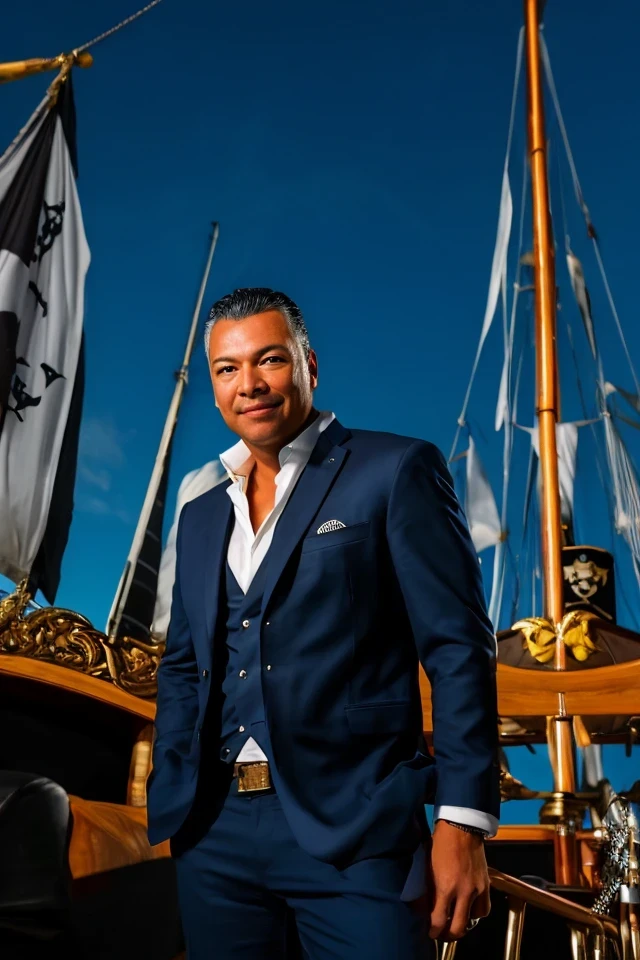 alex padilla <lora:senate_009_alex_padilla:0.65> , face closeup, face focus, shirt, formal, suit, collared shirt, white shirt, jacket,
Clad in a pirate outfit with an eyepatch, standing on a pirate ship with a Jolly Roger flag in the background, "Treasury Hunt",
best quality, masterpiece, HDR, professional, studio quality, highres,