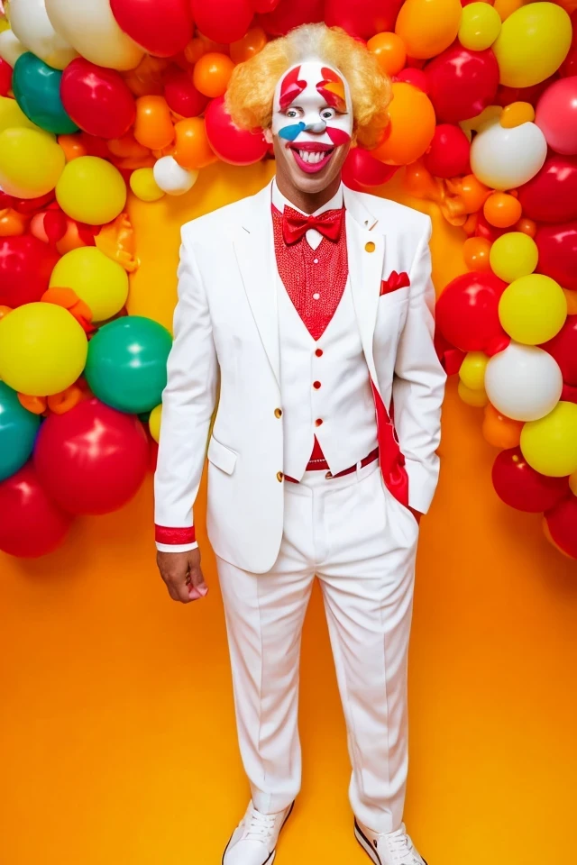 ron johnson <lora:senate_097_ron_johnson:0.65> , face closeup, face focus, shirt, formal, suit, collared shirt, white shirt, jacket,
Dressed in full clown regalia, with a red nose, oversized shoes, and rainbow suspenders, juggling several large balls,
best quality, masterpiece, HDR, professional, studio quality, highres,