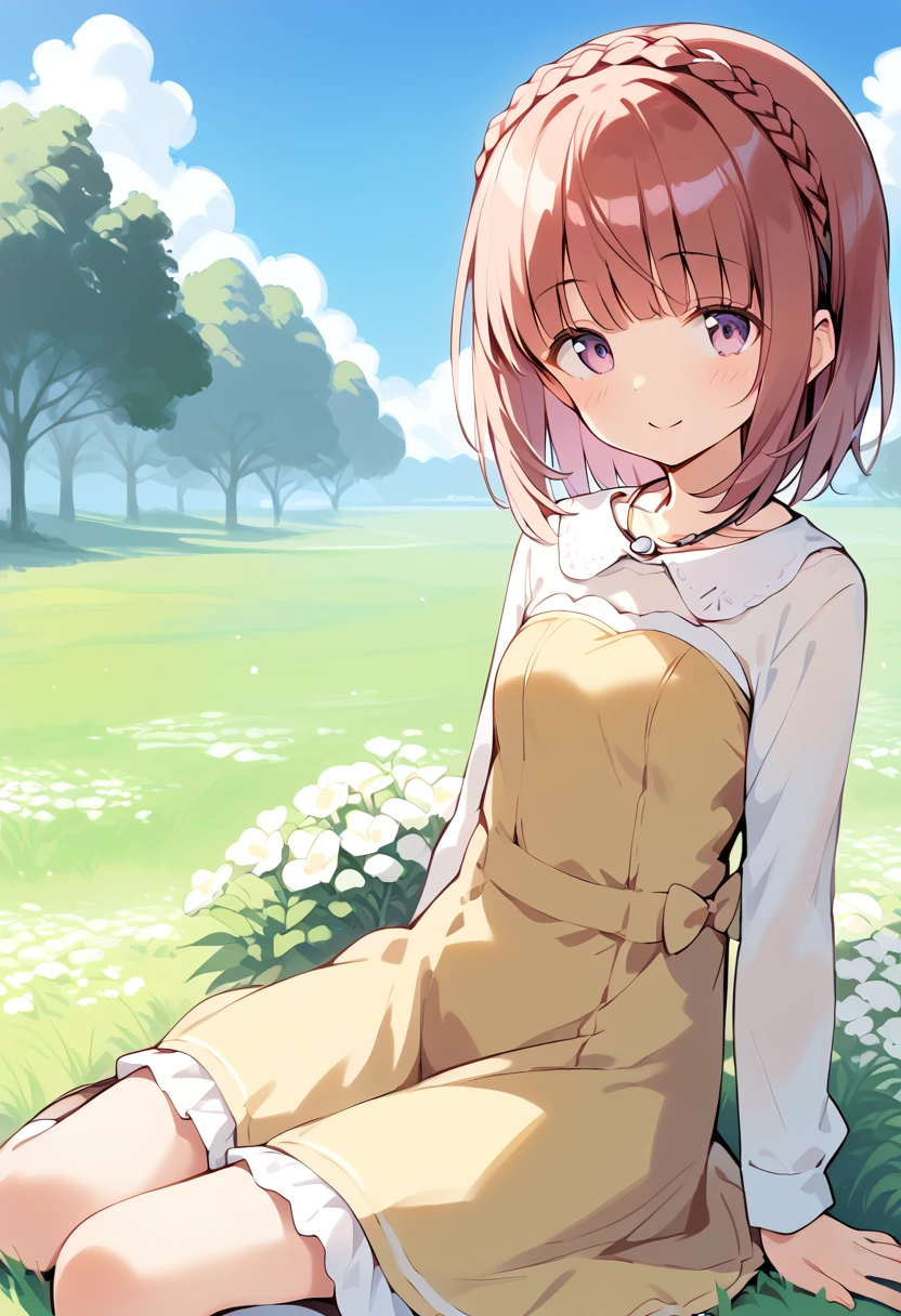 score_9, score_8_up, score_7_up, source_anime BREAK
1girl, aikawa aika, purerill, yokozuwari, leaning to the side, white flower, red hair, collarbone, frilled dress, grass, looking at viewer, on side, brown dress, french braid, pink hair, on ground, pinafore dress, necklace, closed mouth, smile, bush, black footwear, bob cut, white sweater, camisole over clothes, brown footwear, white shirt, solo, yellow dress, day, collared shirt, blush, feet out of frame, plant, outdoors, eyebrows visible through hair, small breasts, open mouth, brown hair, purple eyes, pink eyes, long sleeves, ribbon, socks, medium hair, frills, on grass, sitting, arm support, crown braid, head tilt, lying, short dress, kneehighs, blunt bangs, short hair, parted lips, legs together, yellow bow, flower field, blue sky, cloud, bobby socks, white legwear
<lora:aikawa_aika_sdxl_locon_pony_v1:0.8>