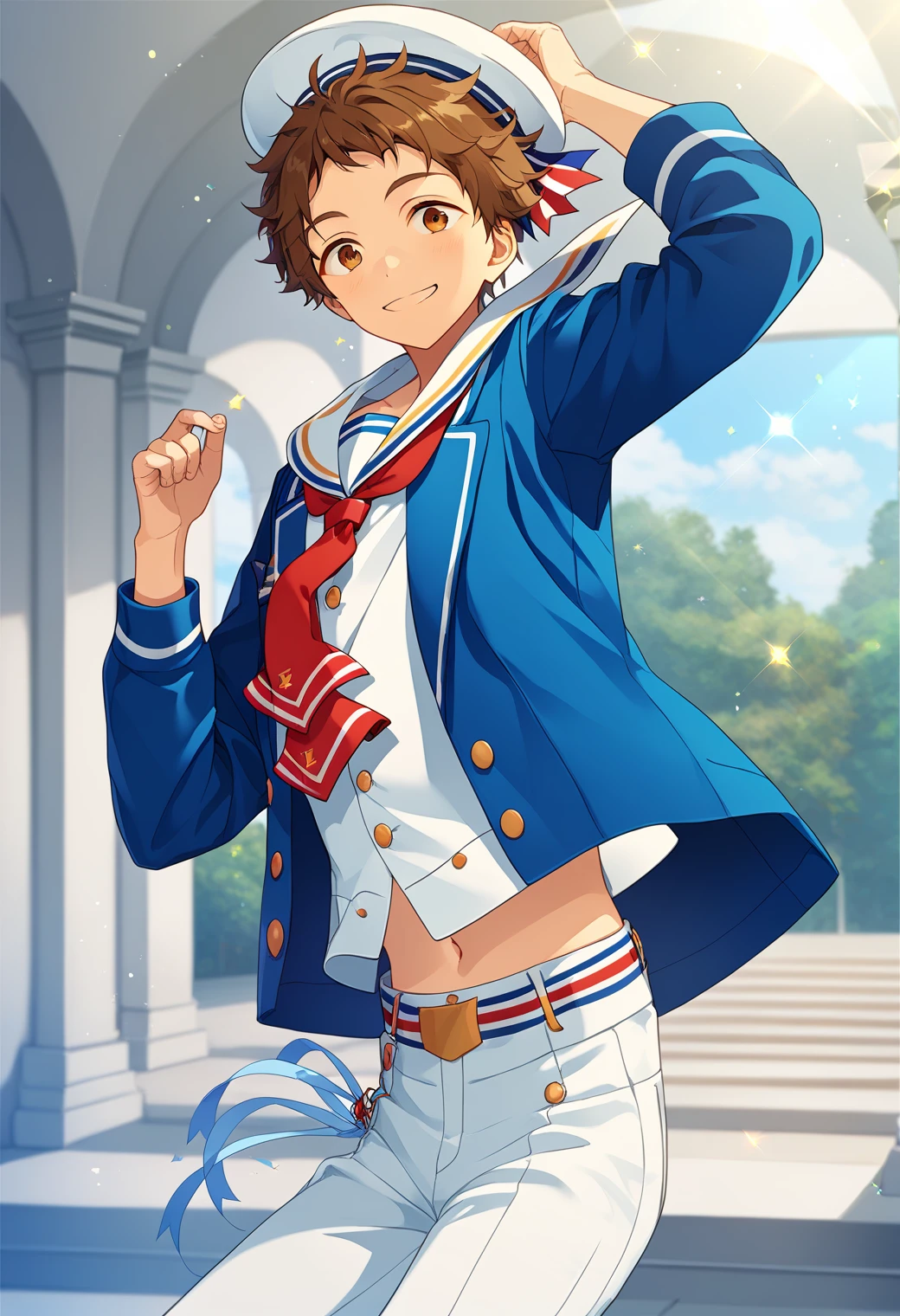 score_9, score_8_up, score_7_up, score_6_up, score_5_up, score_4_up, best quality, amazing quality, best aesthetic, absurdres, solo, mitsuru tenma, brown hair, brown eyes, sailor outfit, blue with white jacket, blue buttons, red tie, white pants, white sailor hat with a blue ribbon<lora:EMS-356239-EMS:1.000000>