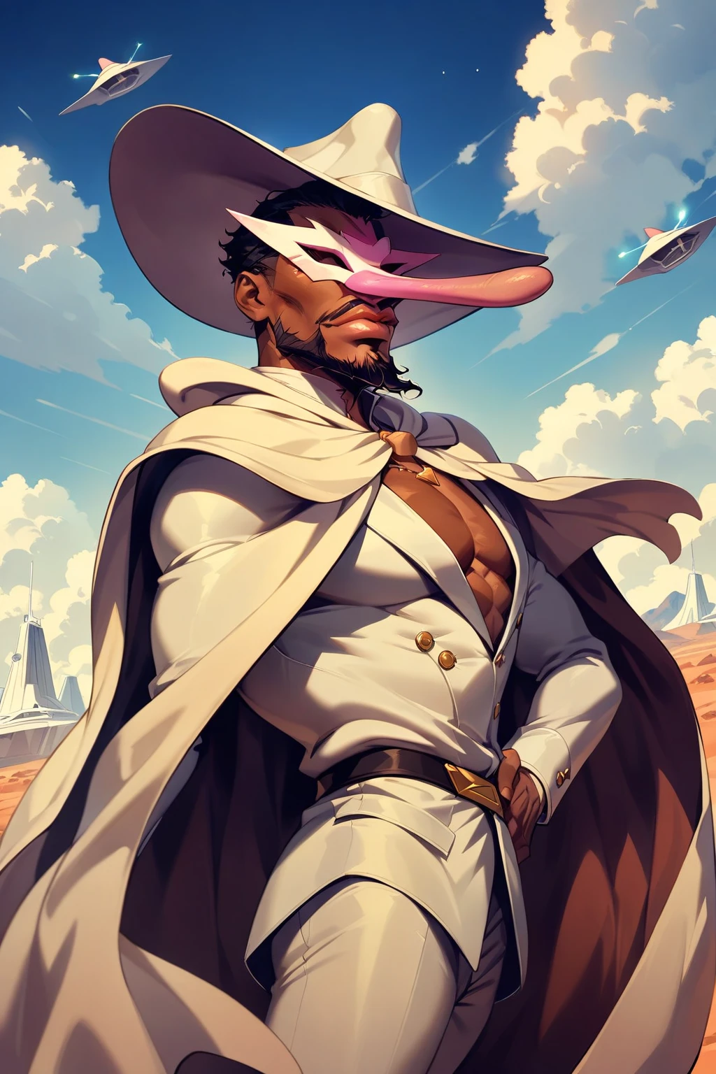 masterpiece, best quality, very aesthetic, absurdres,

sir nose, 1boy, solo, mask, hat, goatee, black hair, lips, dark-skinned male, white suit, black eyes, half body shot, cape,

(spaceship:0.8), sky, sci-fi