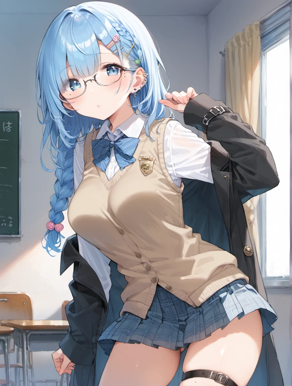 Masterpiece, beautiful art, professional artist, 8k, art style by sciamano240, very detailed face, detailed hair, detailed clothes, detailed fabric, 1girl, perfectly drawn body, beautiful face, long hair, light blue hair , very detailed blue cat eyes, wearing teacher clothes, thigh boots, pencil skirt, glasses, looking angrily over glasses, pouty lips , rosey cheeks, school setting, detailed background, blackboard , show details in eyes, upclose view, looking viewer, angry expression,