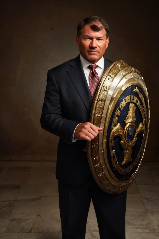 mike rounds <lora:senate_082_mike_rounds:0.65> , face closeup, face focus, shirt, formal, suit, collared shirt, white shirt, jacket,
Wearing gladiator armor, standing in a Roman-style coliseum, holding a sword and shield with the Senate emblem on it,
best quality, masterpiece, HDR, professional, studio quality, highres,