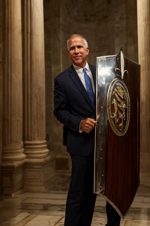 thom tillis <lora:senate_065_thom_tillis:0.65> , face closeup, face focus, shirt, formal, suit, collared shirt, white shirt, jacket,
Wearing gladiator armor, standing in a Roman-style coliseum, holding a sword and shield with the Senate emblem on it,
best quality, masterpiece, HDR, professional, studio quality, highres,