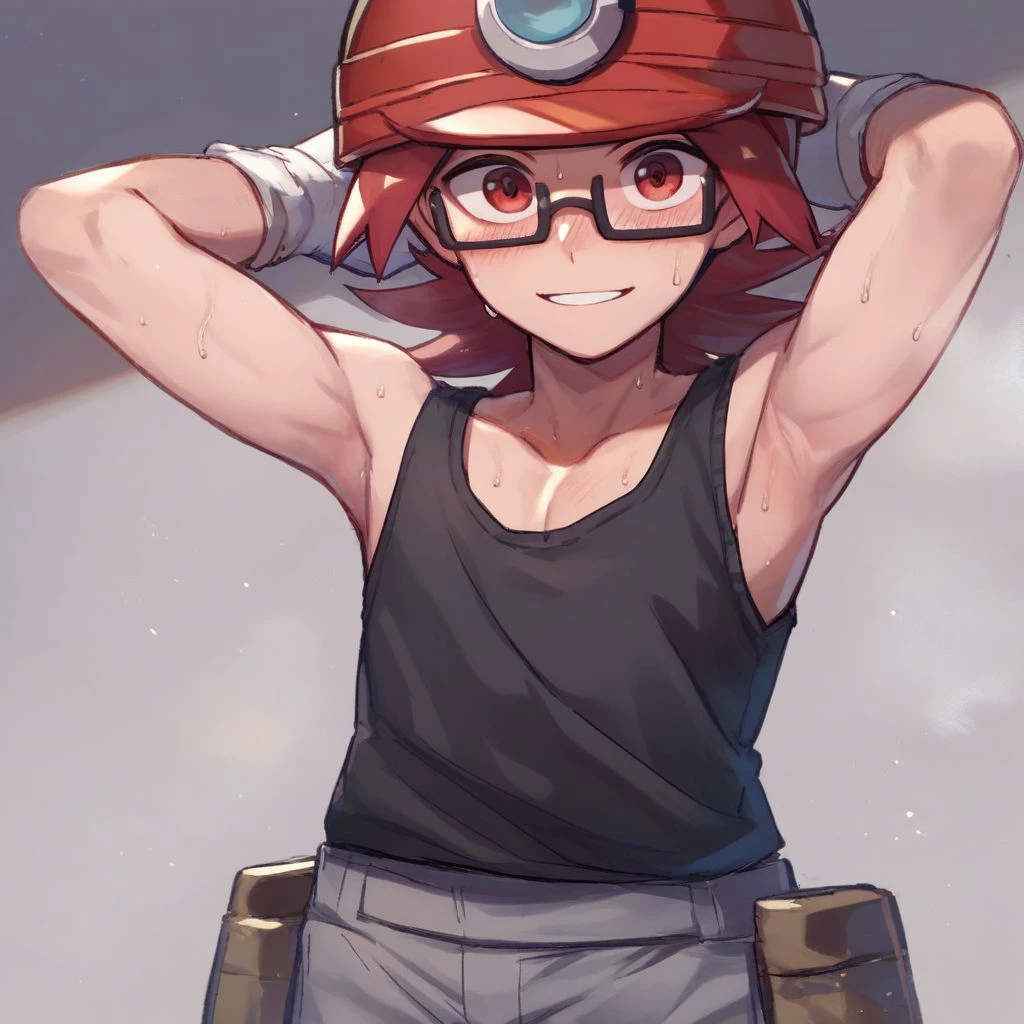 score_9,score_8_up,score_7_up,score_6_up,score_5_up,score_4_up, 1boy, red hair, red eyes, medium hair, glasses, tank top, black shirt, sleeveless, grey pants, white gloves, red headwear, helmet, smile, blush, sweat, parted lips, hands behind head, collarbone, armpit, looking at viewer