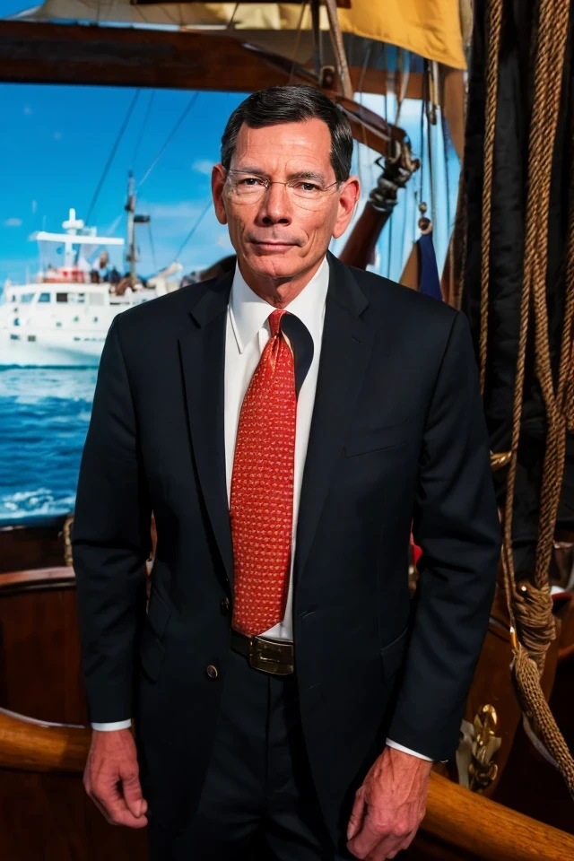 john barrasso <lora:senate_099_john_barrasso:0.65> , face closeup, face focus, shirt, formal, suit, collared shirt, white shirt, jacket,
Clad in a pirate outfit with an eyepatch, standing on a pirate ship with a Jolly Roger flag in the background, "Treasury Hunt",
best quality, masterpiece, HDR, professional, studio quality, highres,