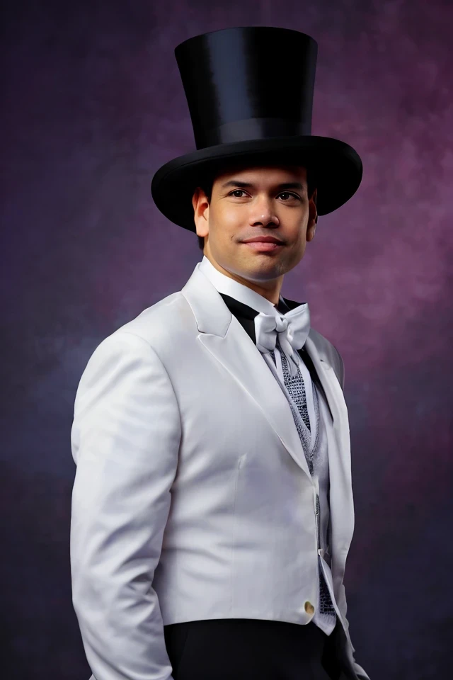marco rubio <lora:senate_017_marco_rubio:0.65> , face closeup, face focus, shirt, formal, suit, collared shirt, white shirt, jacket,
Dressed in a magician's outfit with a top hat, standing in front of a stage, rabbit out of a hat,
best quality, masterpiece, HDR, professional, studio quality, highres,