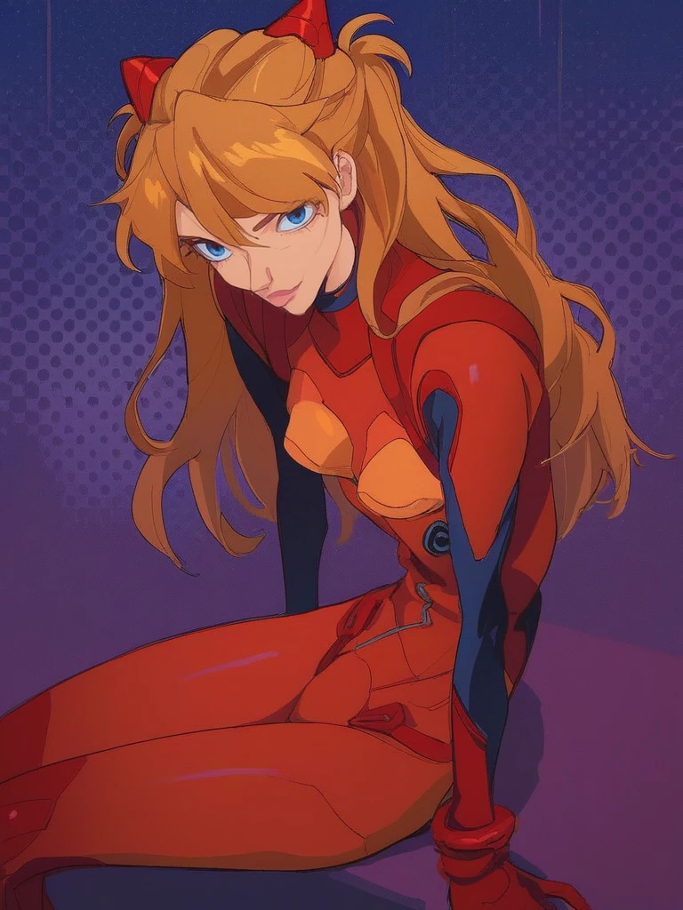 score_9, score_8_up, score_7_up, score_6_up, source_anime, 1girl, asuka langley, bodysuit, arm support, breasts, looking at viewer, halftone background, sitting, solo, in p_chung artstyle, <lora:Peter_Chung_Æon_Flux_Style_LoRA_Pony-000008:0.9>