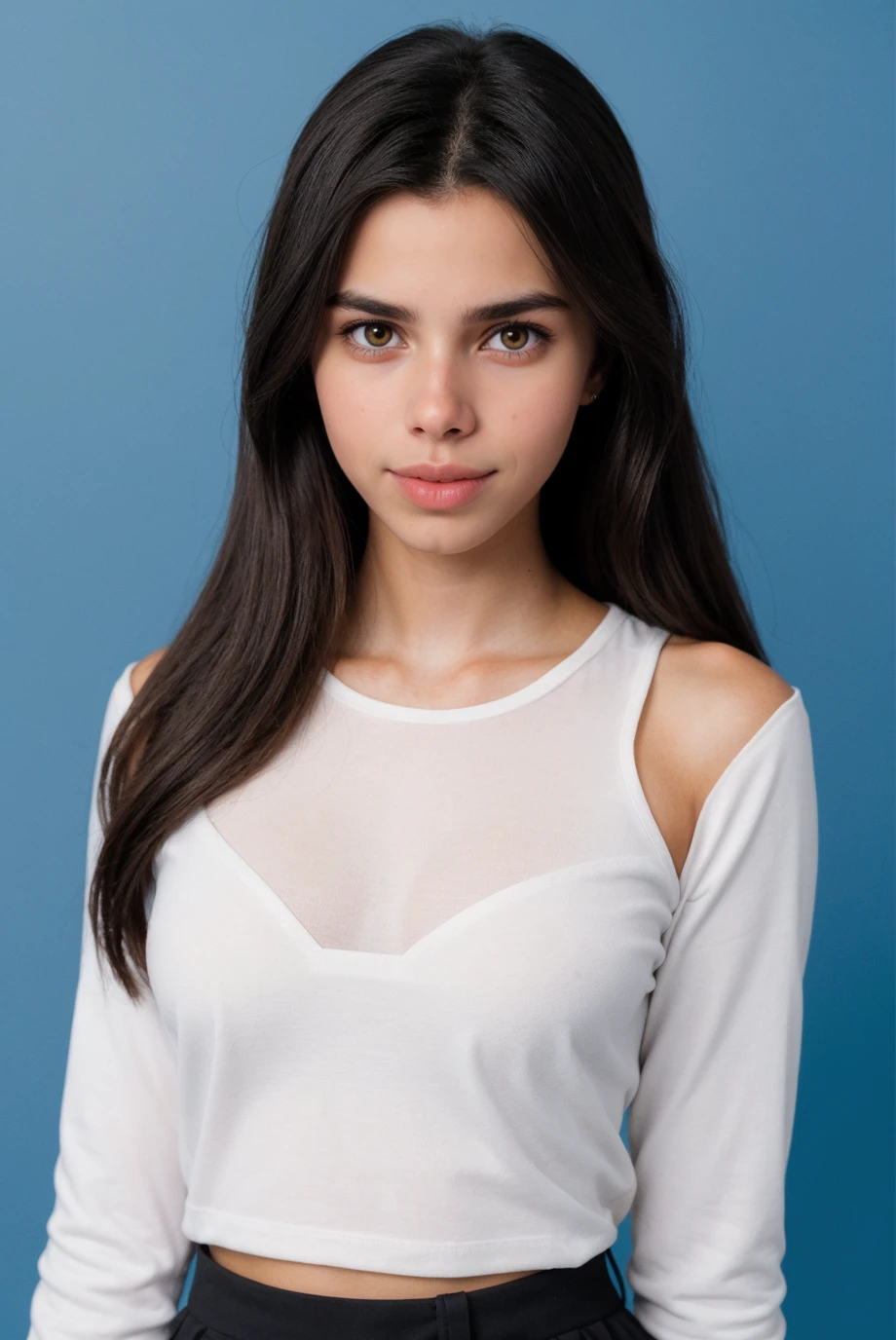 photo of a 0ER0_Darla_Claire woman, wearing a long sleeve shirt, blue background, RAW photo, 8k UHD, soft lighting, high quality, film grain, Fujifilm XT3, 16mm, color graded portra 400 film, remarkable color, remarkable detailed pupils
