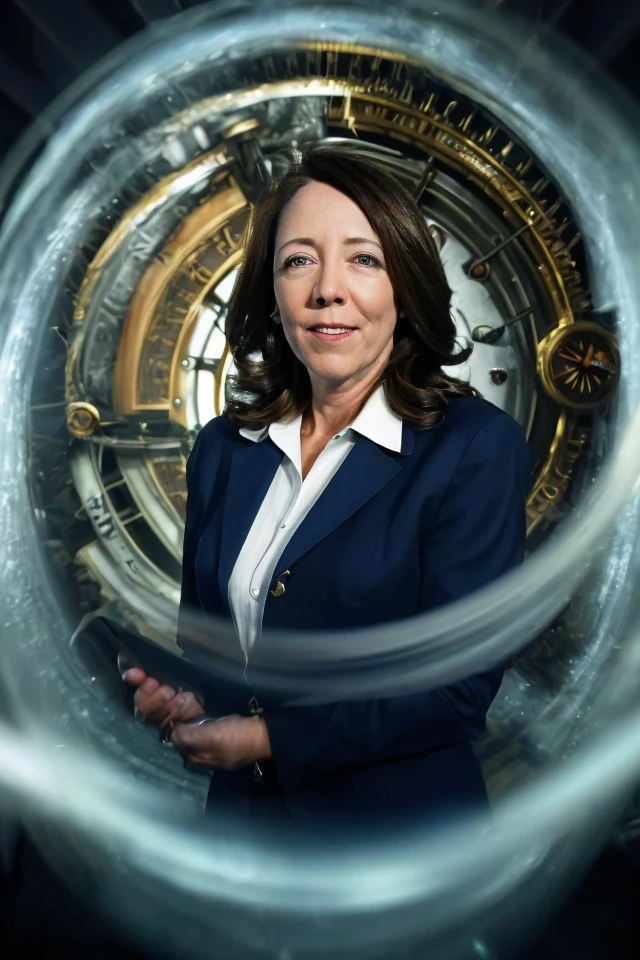 maria cantwell <lora:senate_094_maria_cantwell:0.65> , face closeup, face focus, shirt, formal, suit, collared shirt, white shirt, jacket,
Dressed in a steampunk outfit,large clock or time machine device, set against a backdrop of a swirling vortex,
best quality, masterpiece, HDR, professional, studio quality, highres,