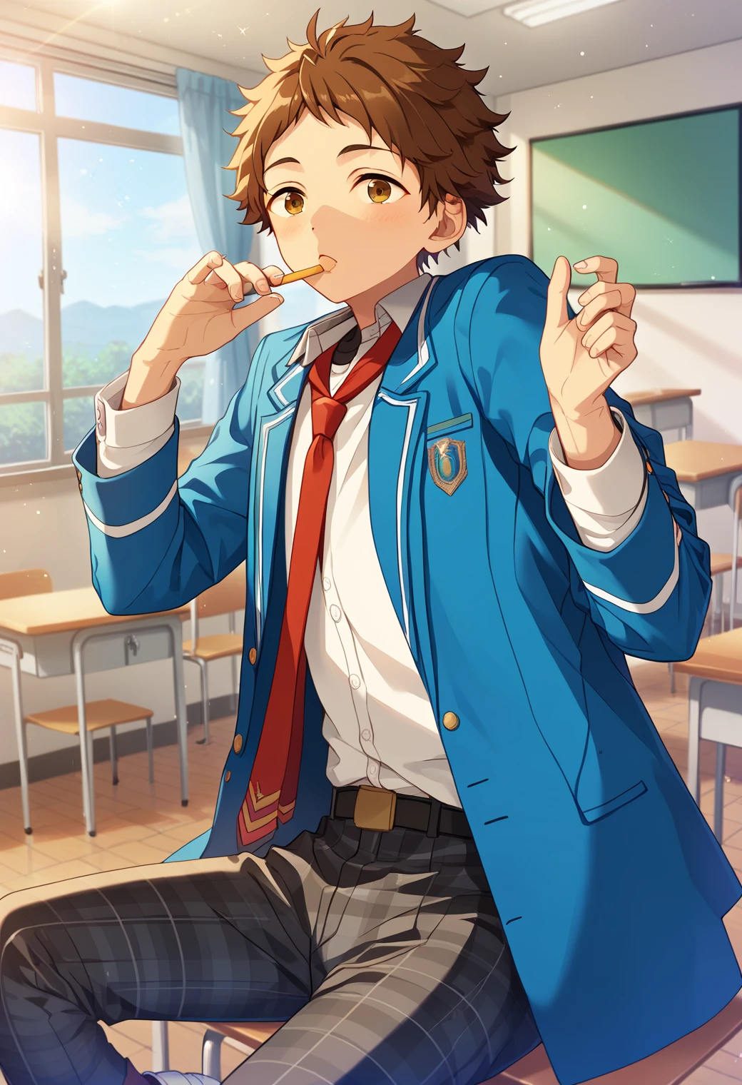 score_9, score_8_up, score_7_up, score_6_up, score_5_up, score_4_up, best quality, amazing quality, best aesthetic, absurdres, solo,mitsuru tenma, brown hair, brown eyes, school uniform, blue jacket, white shirt, red necktie, plaid pants, white shoes<lora:EMS-356239-EMS:1.000000>